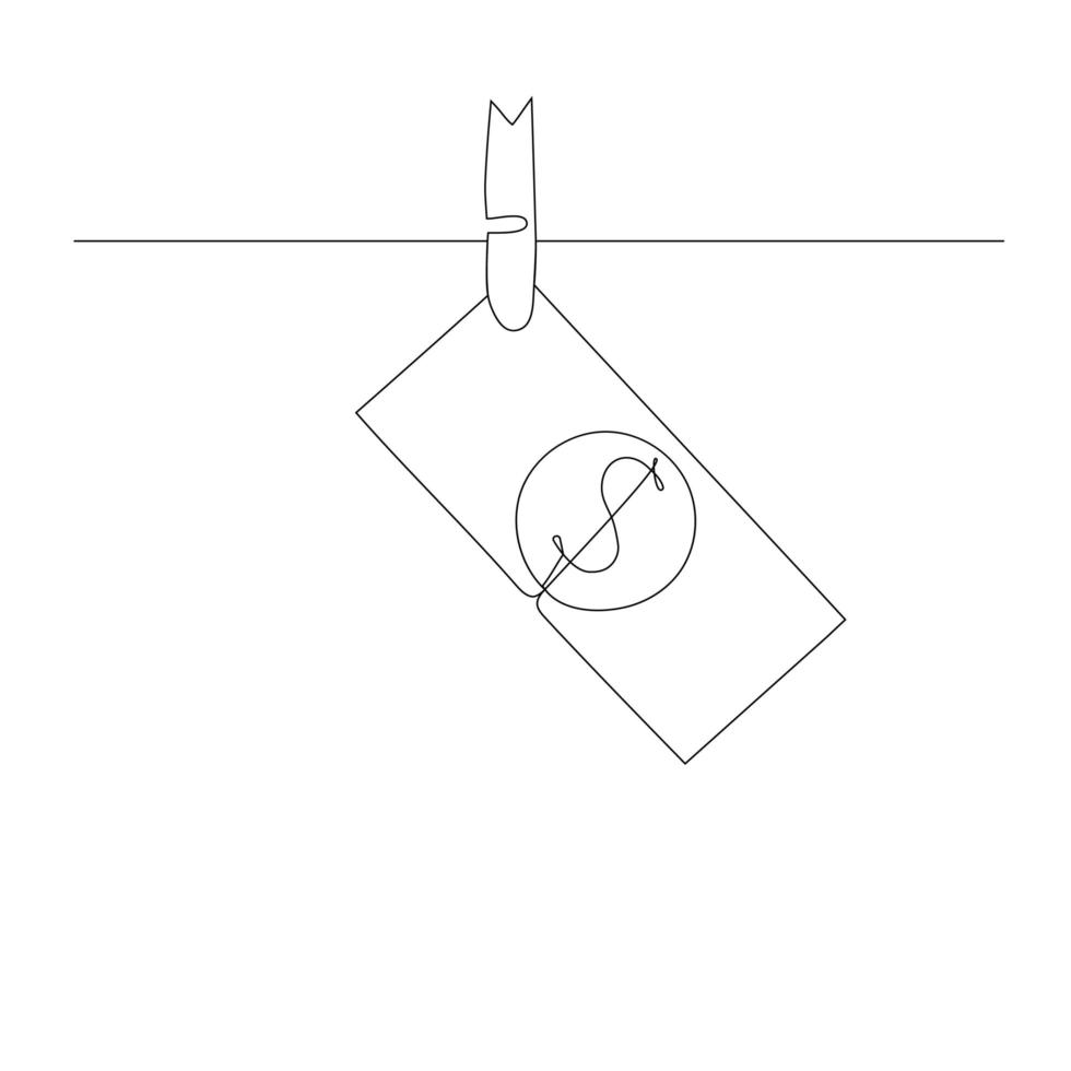 Continuous line drawing, Dollar bill hanging on rope attached with clothes pins. Money-laundering concept illustration of finance and business. Vector illustration.