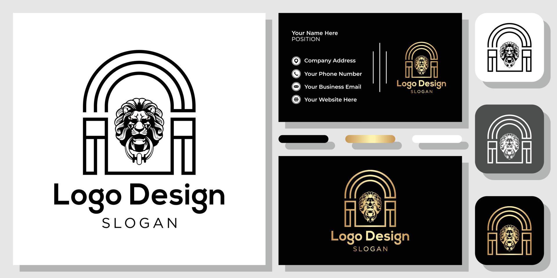 diseño de logotipo puerta real león dorado con plantilla de tarjeta de visita vector