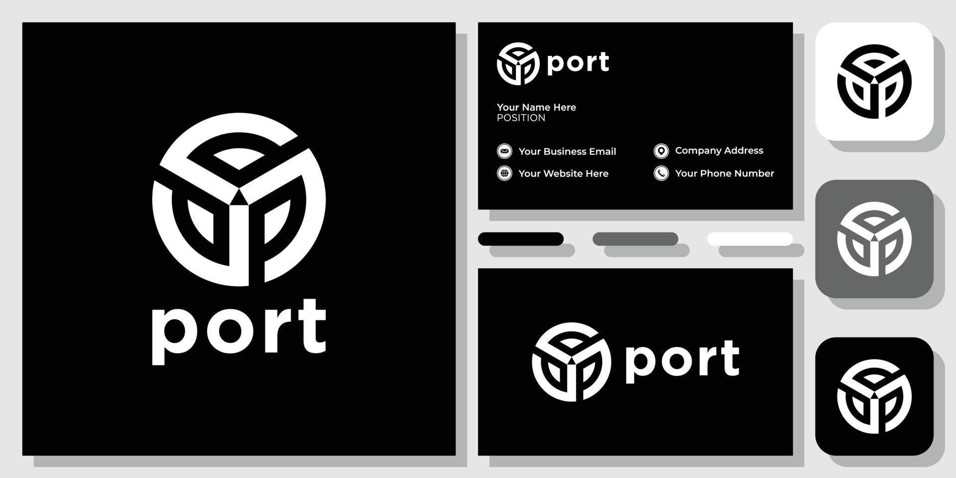 port symbol combination circle initial letter capital with business card template vector