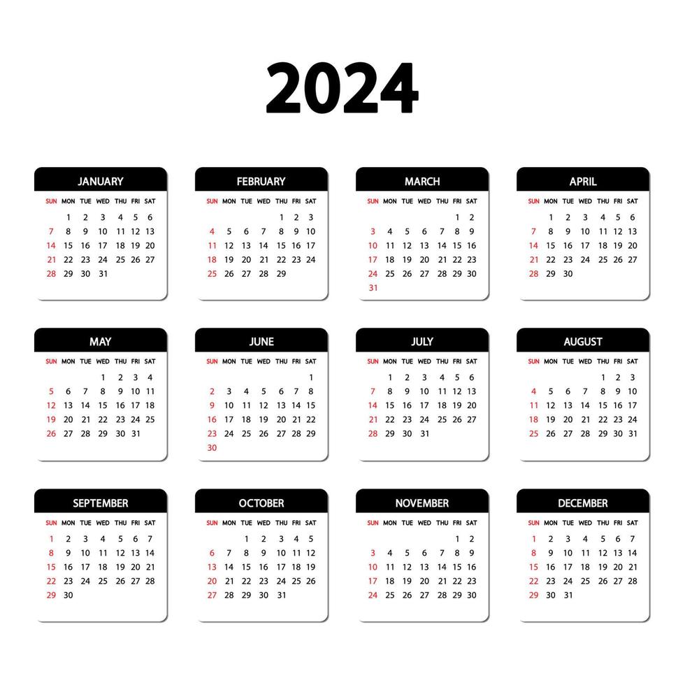 calendario 2024 año. la semana empieza el domingo. plantilla anual de calendario inglés 2024. vector