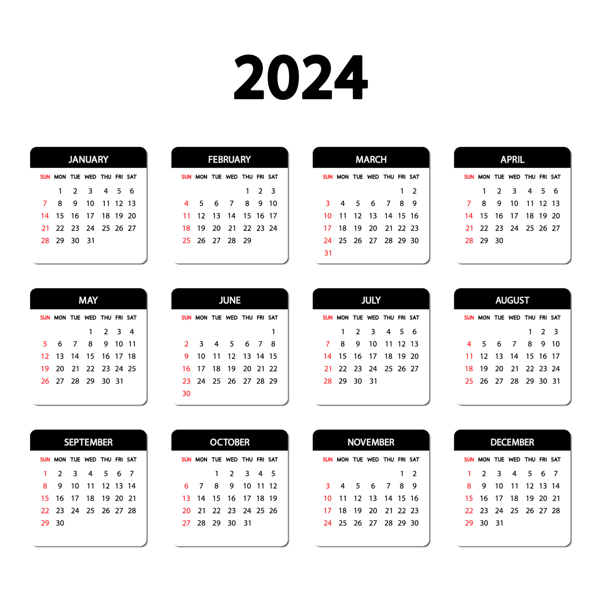 calendario 2024 año. la semana empieza el domingo. plantilla anual de  calendario inglés 2024. 5081041 Vector en Vecteezy