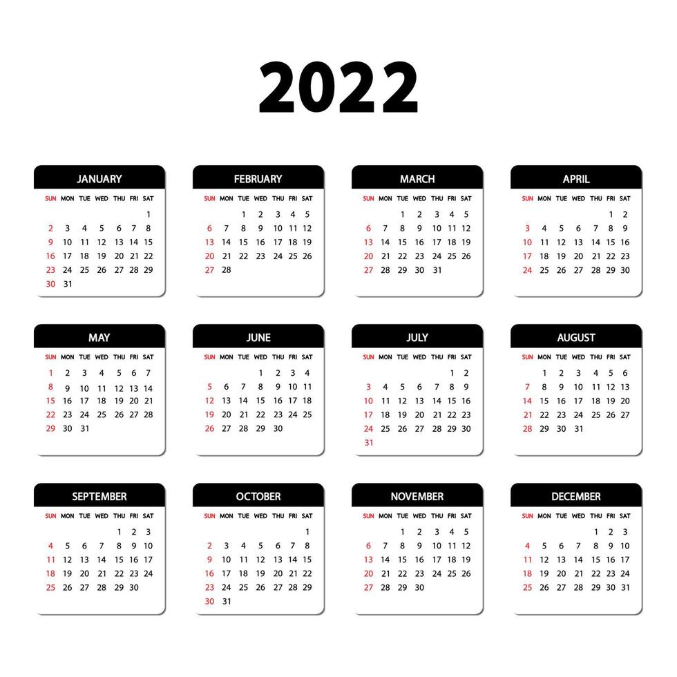 Calendar 2022 year. The week starts Sunday. Annual English calendar 2022 template. vector