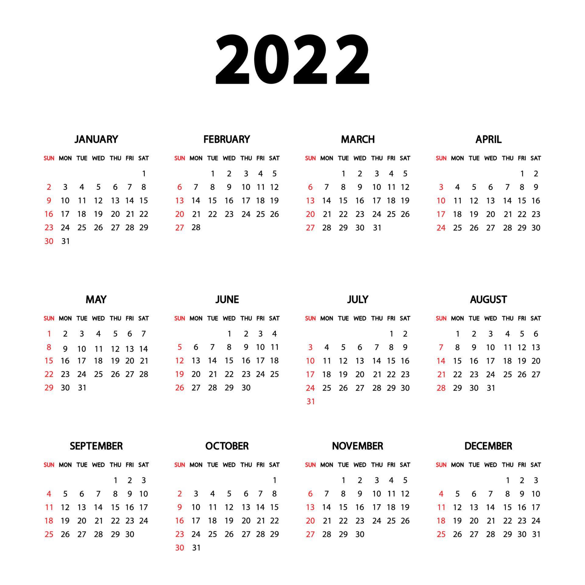 Year Calendar 2022 Calendar 2022 Year. The Week Starts Sunday. Annual English Calendar 2022  Template. Stationery Vertical Template In Simple, Minimal Design. Portrait  Orientation 5081058 Vector Art At Vecteezy