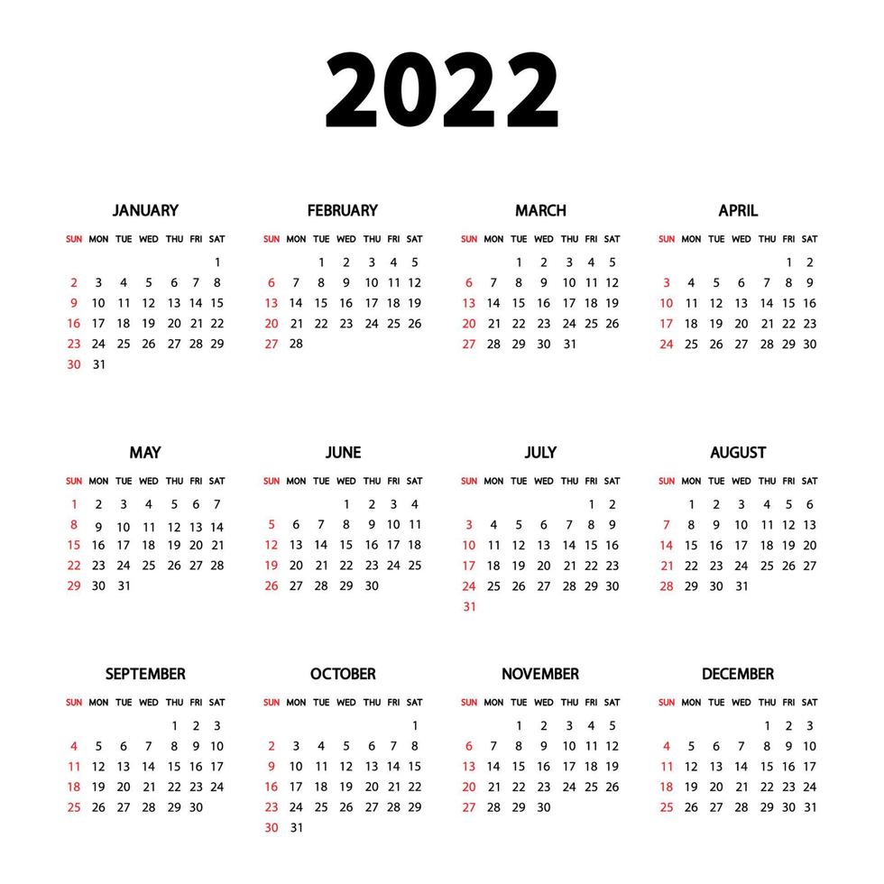English Calendar 2022 Calendar 2022 Year. The Week Starts Sunday. Annual English Calendar 2022  Template. Stationery Vertical Template In Simple, Minimal Design. Portrait  Orientation 5081058 Vector Art At Vecteezy