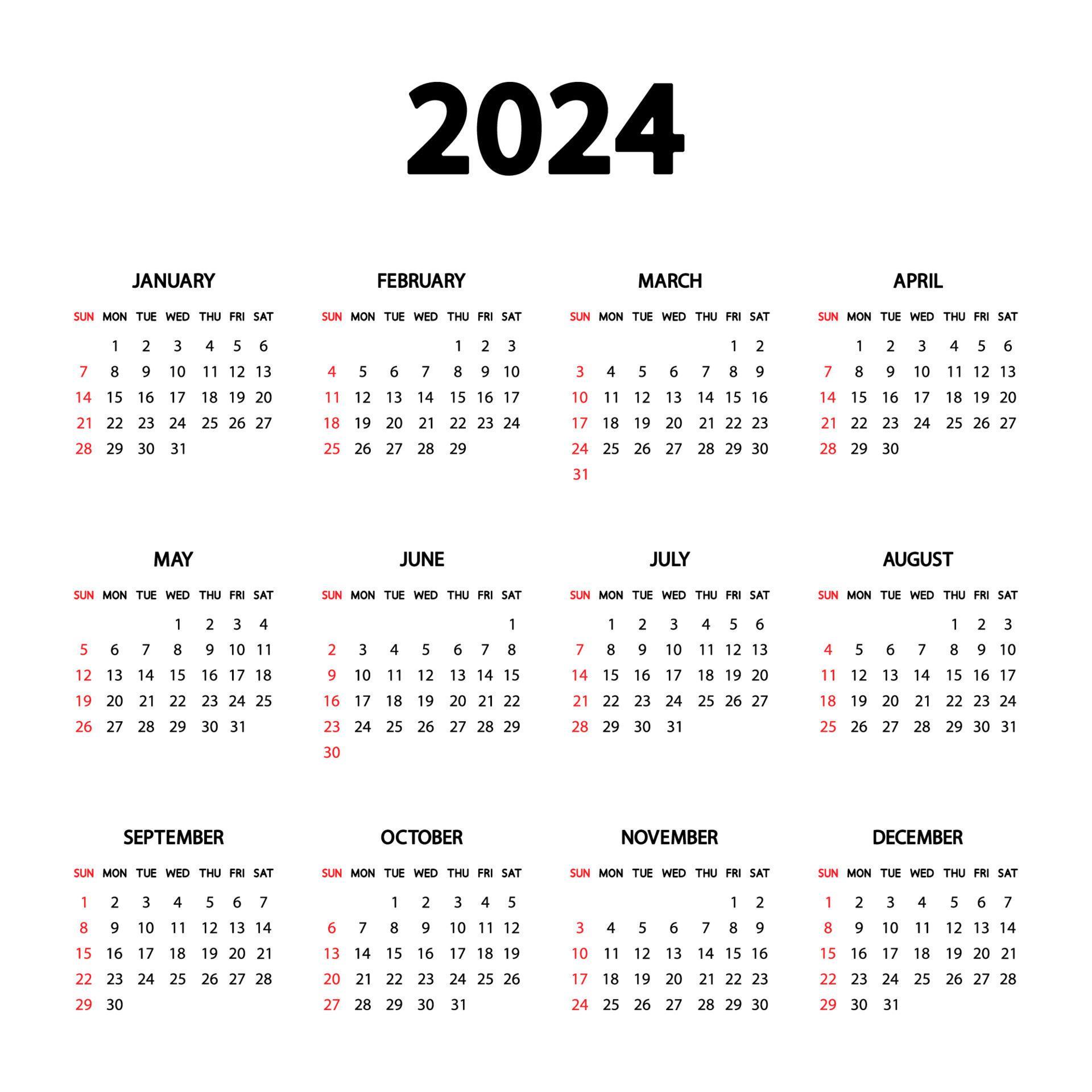 Calendar 2024 year. The week starts Sunday. Annual English calendar