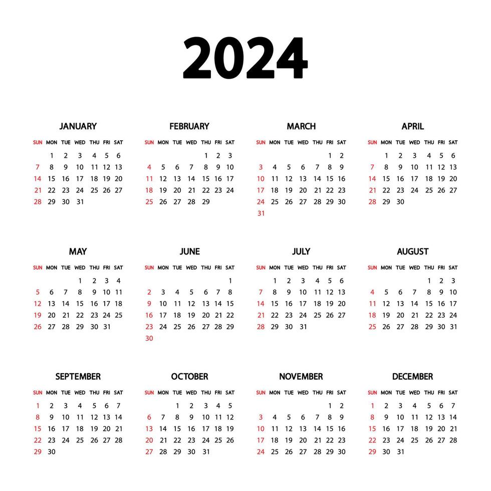 Calendar 2024 year. The week starts Sunday. Annual English calendar