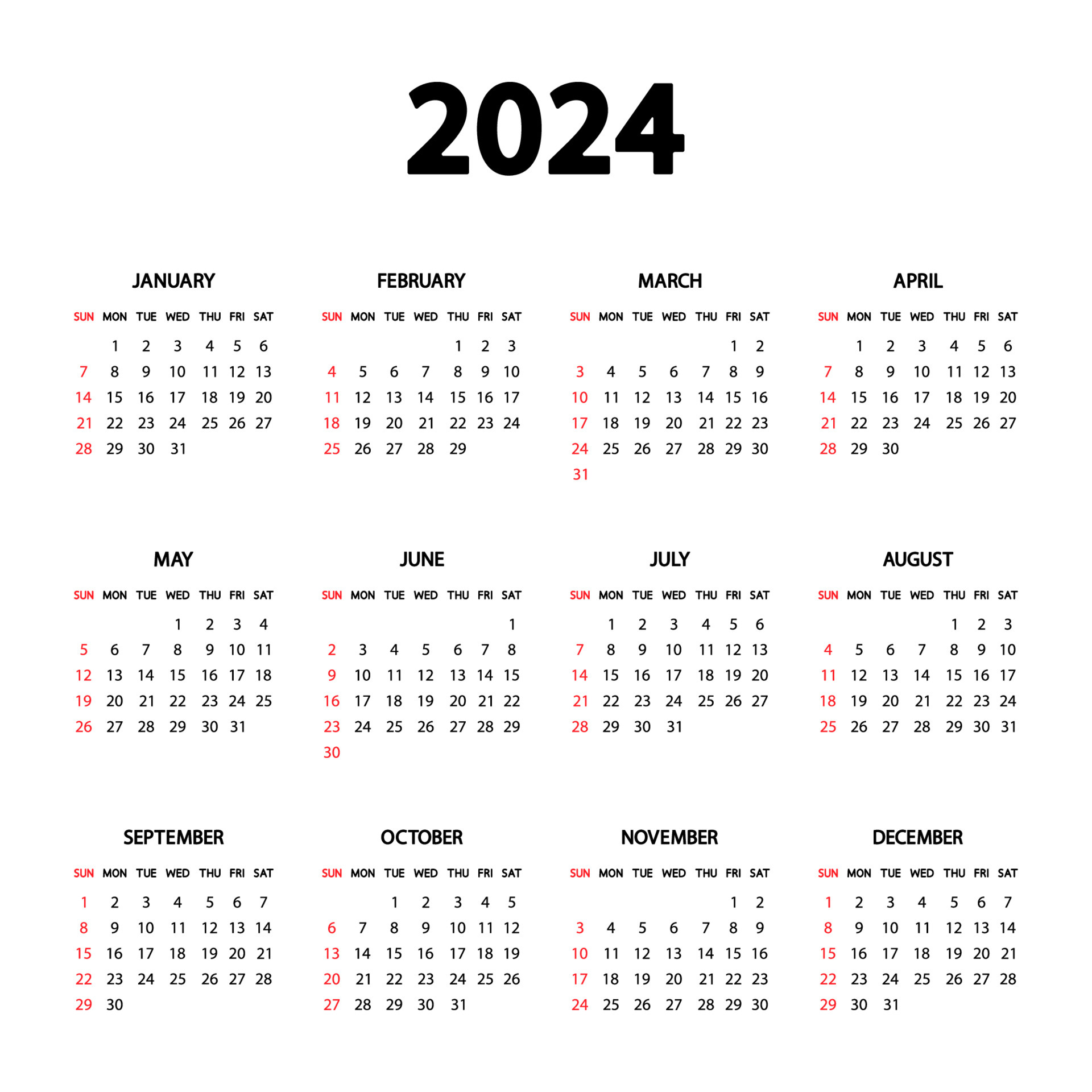 Calendar 2024 year. The week starts Sunday. Annual English calendar ...