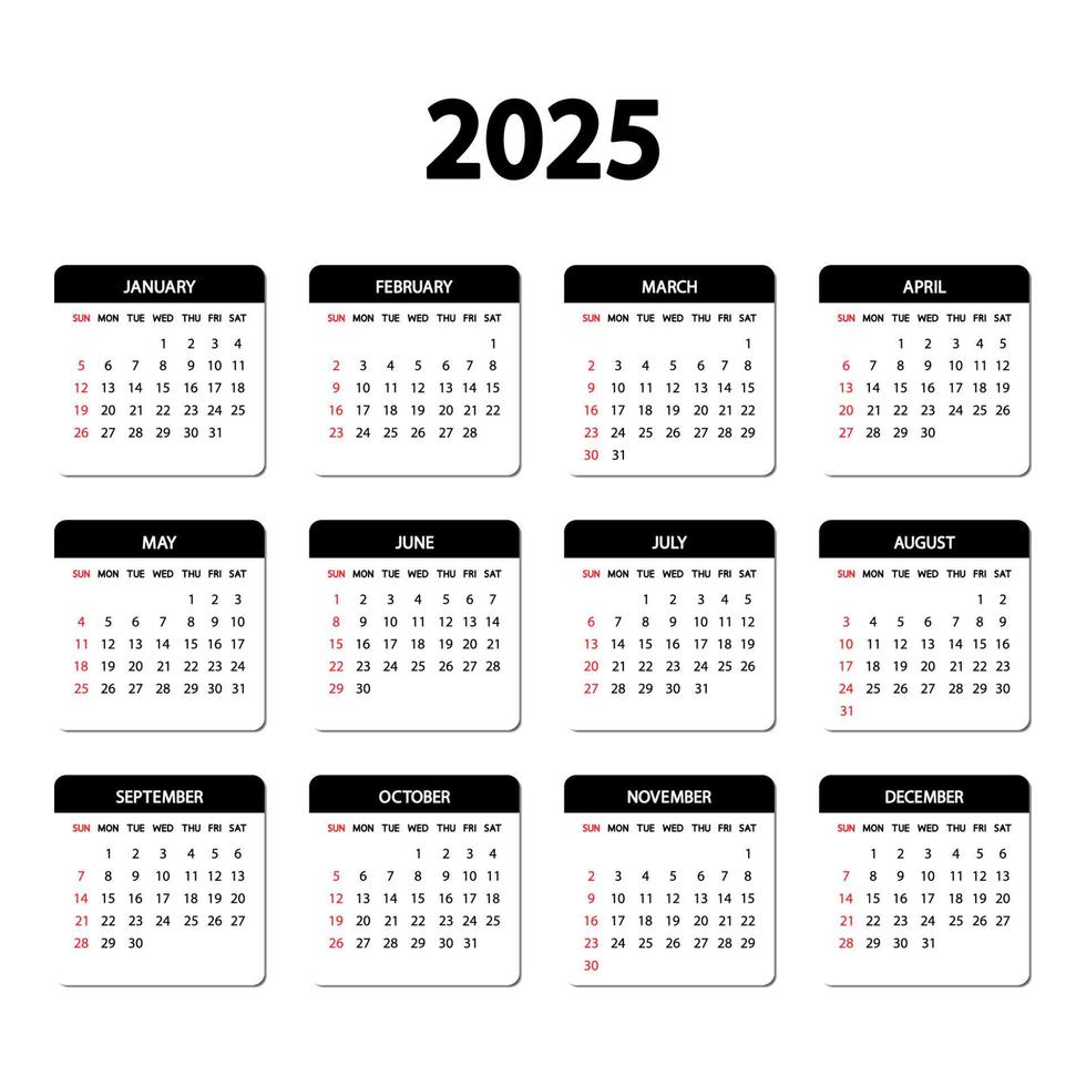 calendario 2025 año. la semana empieza el domingo. plantilla anual de calendario inglés 2025. plantilla vertical de papelería en un diseño simple y mínimo. Orientación Vertical vector