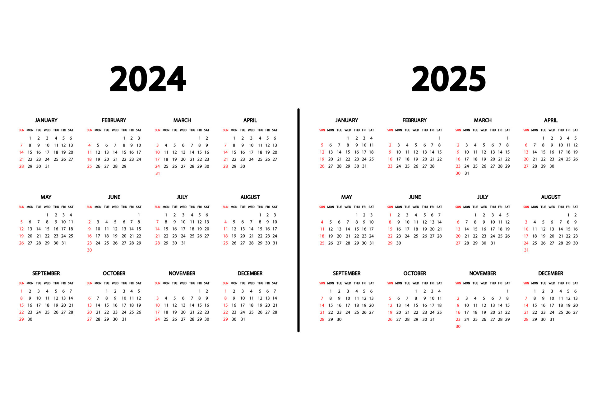 Calendar English 2024 and 2025 years. The week starts Sunday. Annual