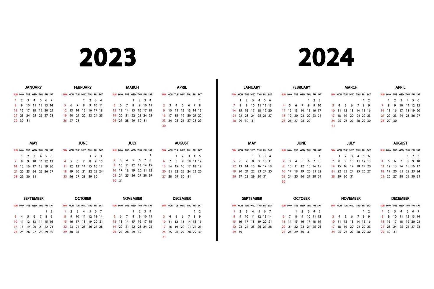 Calendar English 2023 and 2024 years. The week starts Sunday. Annual calendar 2023, 2024 template. Yearly organizer in minimal design. Portrait orientation vector