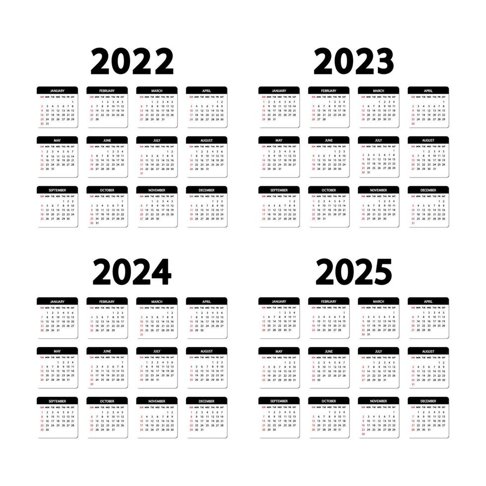 calendario 2022, 2023, 2024 y 2025 años. la semana empieza el domingo. plantilla de calendarios anuales en inglés. Orientación Vertical vector