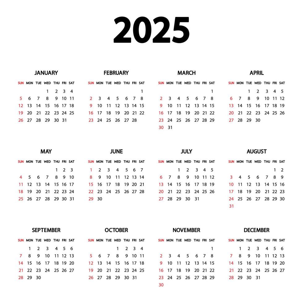 calendario 2025 año. la semana empieza el domingo. plantilla anual de calendario inglés 2025. plantilla vertical de papelería en un diseño simple y mínimo. Orientación Vertical vector