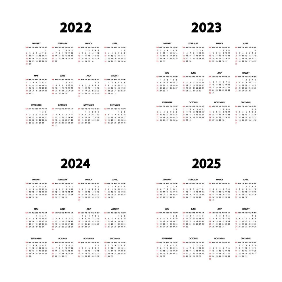 calendario 2022, 2023, 2024 y 2025 años. la semana empieza el domingo. plantilla de calendarios anuales en inglés. plantilla vertical de papelería en un diseño simple y mínimo. Orientación Vertical vector