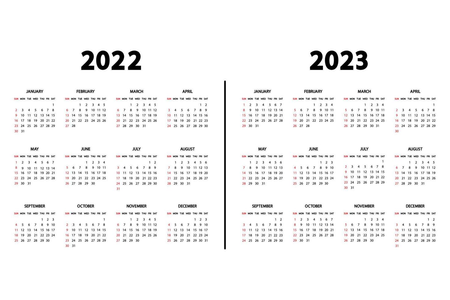 calendario inglés 2022 y 2023 años. la semana empieza el domingo. plantilla de calendario anual 2022, 2023. plantilla vertical de papelería en un diseño simple y mínimo. Orientación Vertical vector