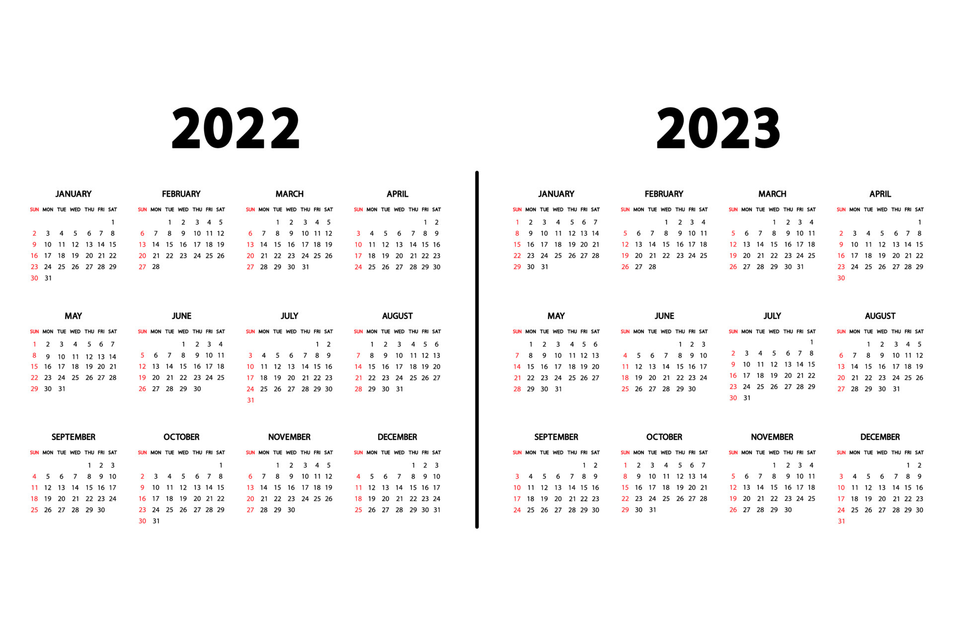 Calendario 2022 Y 2023 calendario inglés 2022 y 2023 años. la semana empieza el domingo. plantilla  de calendario anual 2022, 2023. plantilla vertical de papelería en un  diseño simple y mínimo. Orientación Vertical 5081068 Vector en Vecteezy