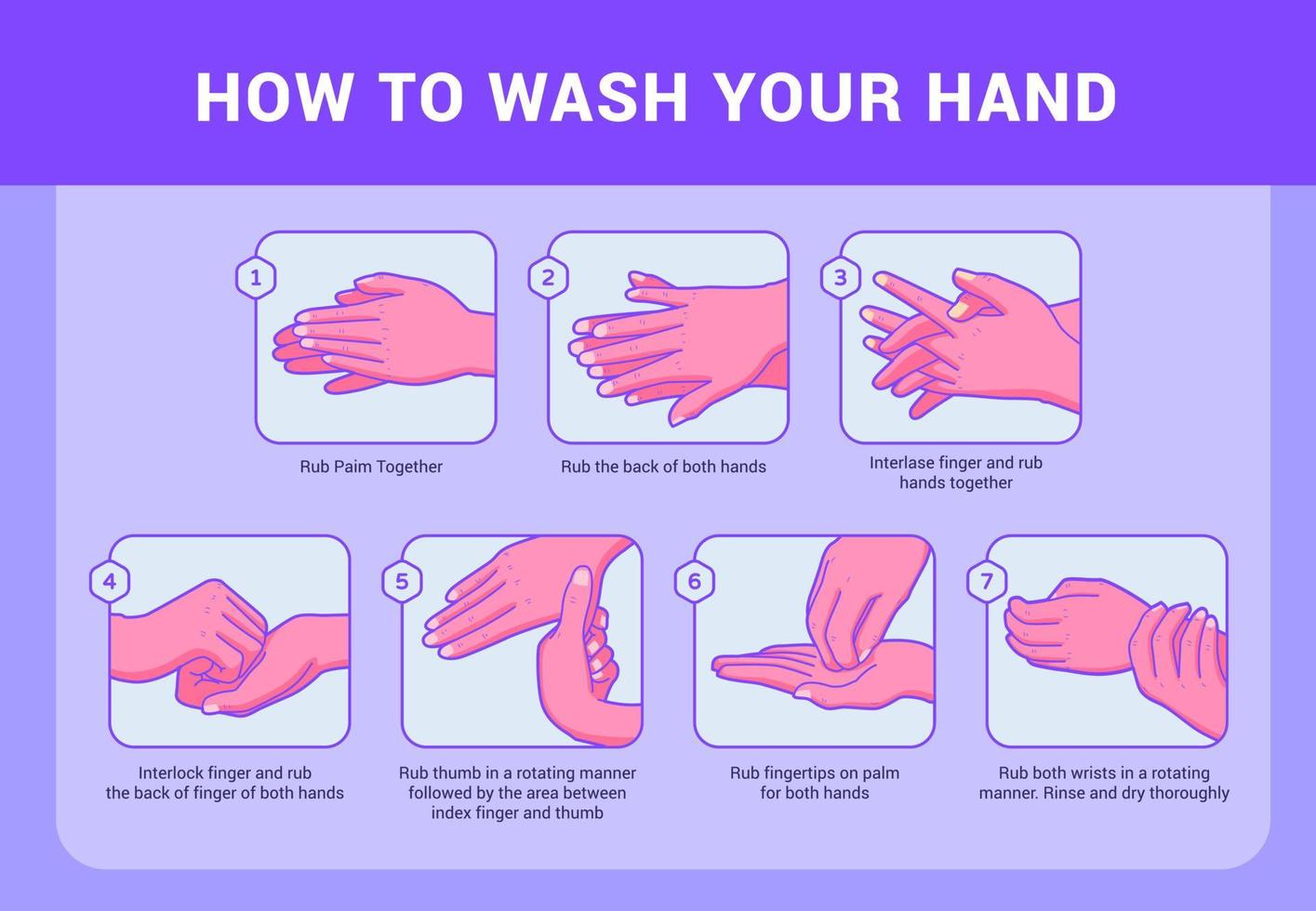 step by steps to properly wash your hand with picture illustrations with modern purple vivid color vector