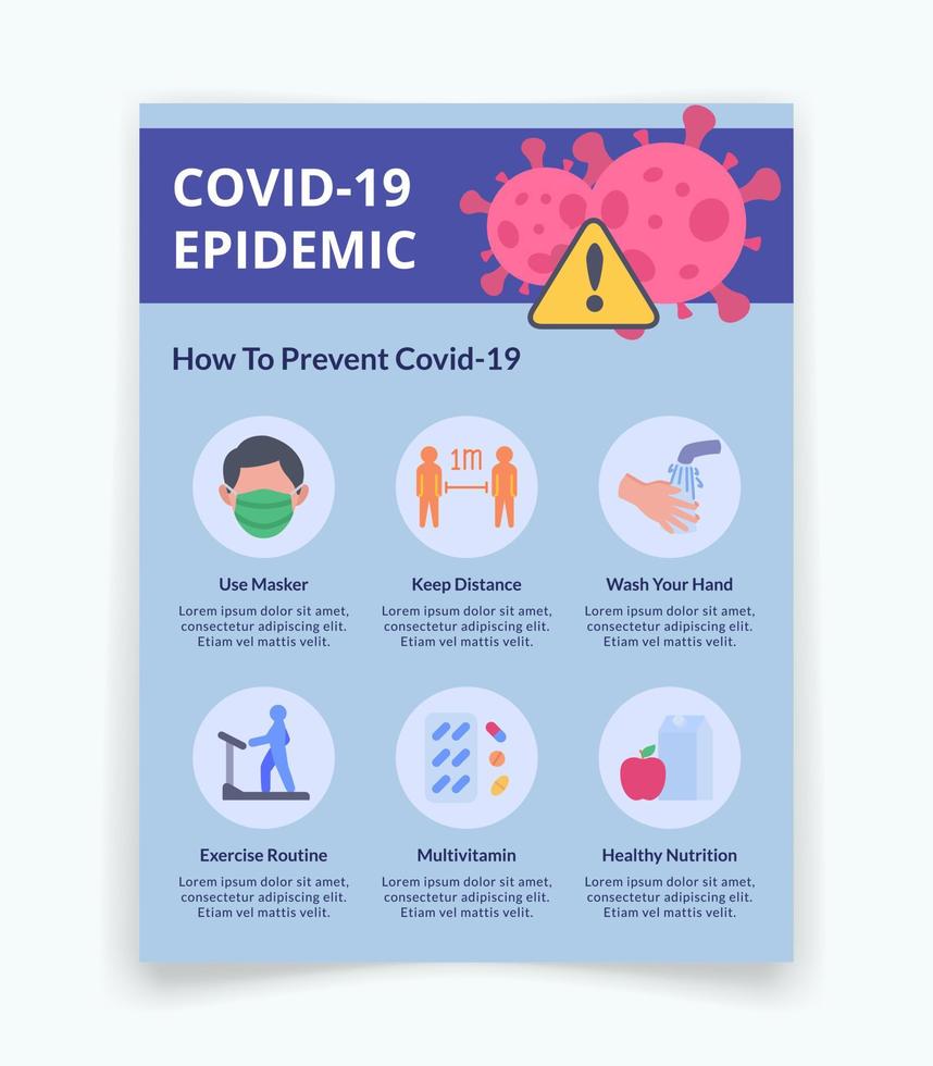 folleto para información infográfica de prevención de corona virus covid-19 para banner de plantilla con estilo plano moderno vector