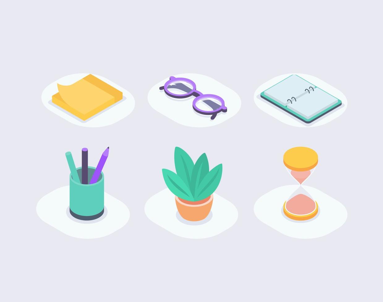 colección de conjunto de iconos de negocios con estilo isométrico con notas gafas cuaderno lápiz planta y tiempo iconos vector