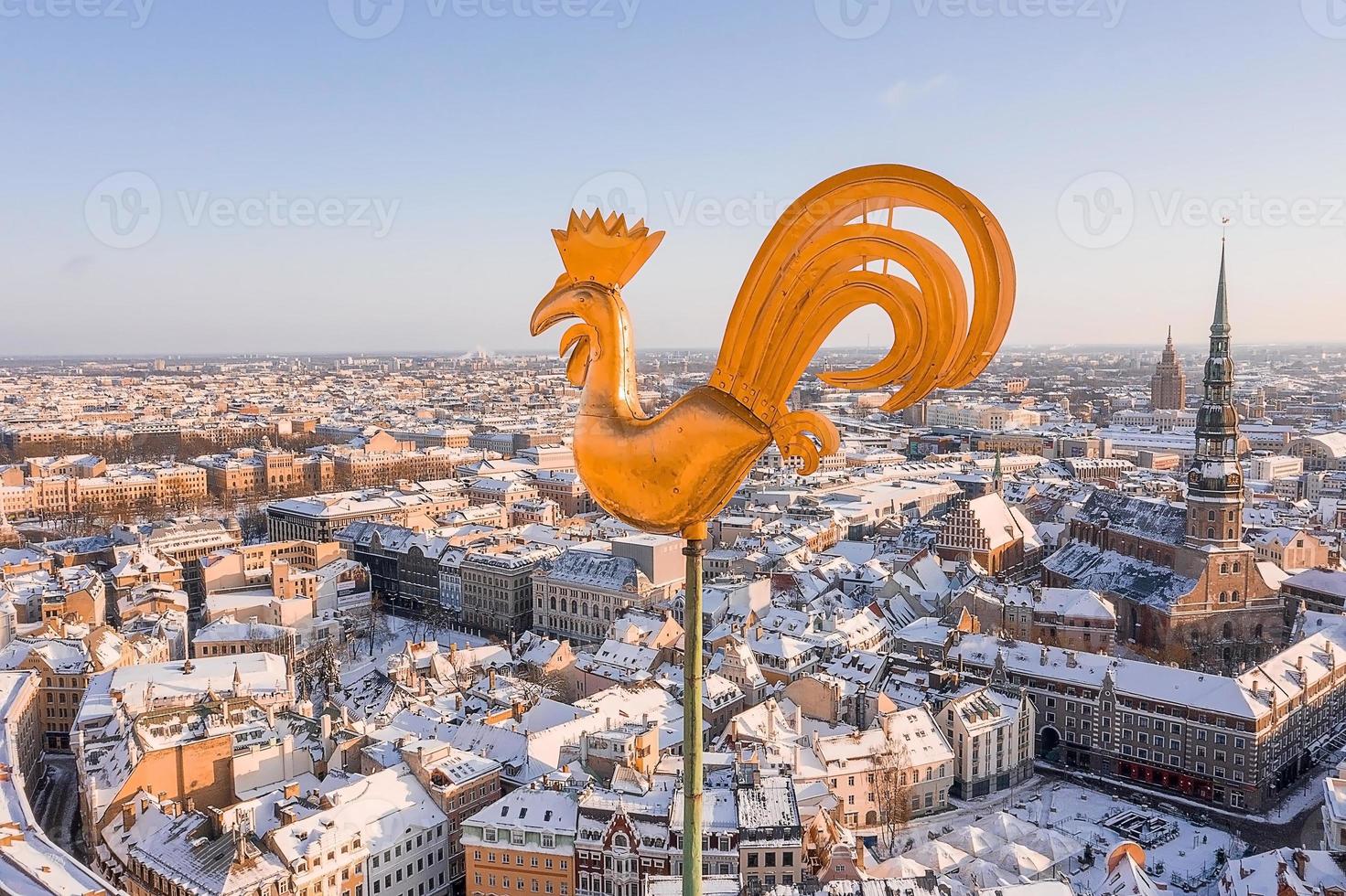 Aerial panorama view of Riga old town during beautiful winter day in Latvia. Freezing temperature in Latvia. White Riga. photo