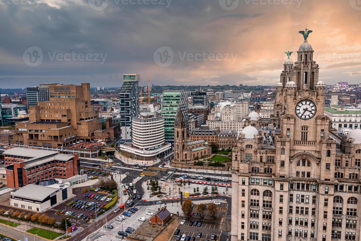 Aerial close up of the tower of the Royal Liver Building in Liverpool photo