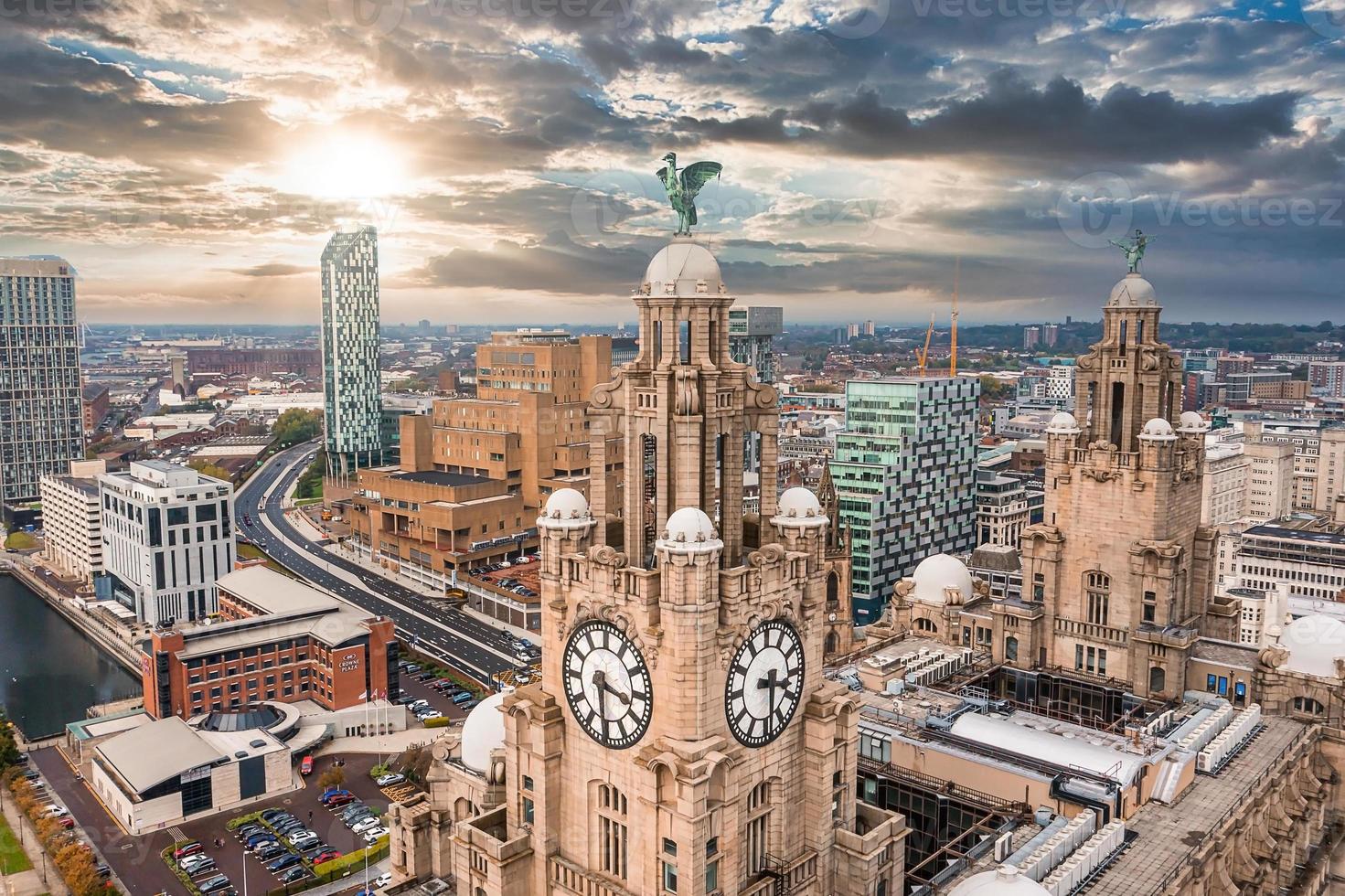 Aerial close up of the tower of the Royal Liver Building in Liverpool photo