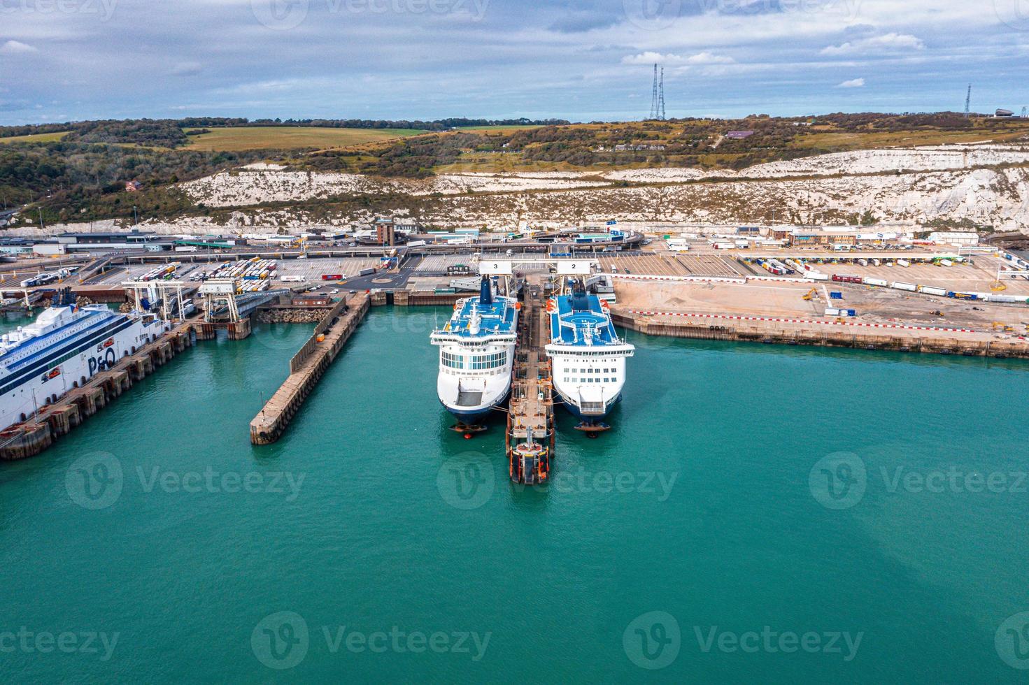 Aerial view of the Dover harbor with many ferries photo