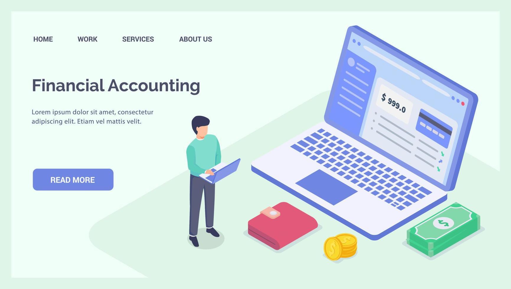 financial accounting with people and some graph and chart money for website landing homepage template banner isometric vector