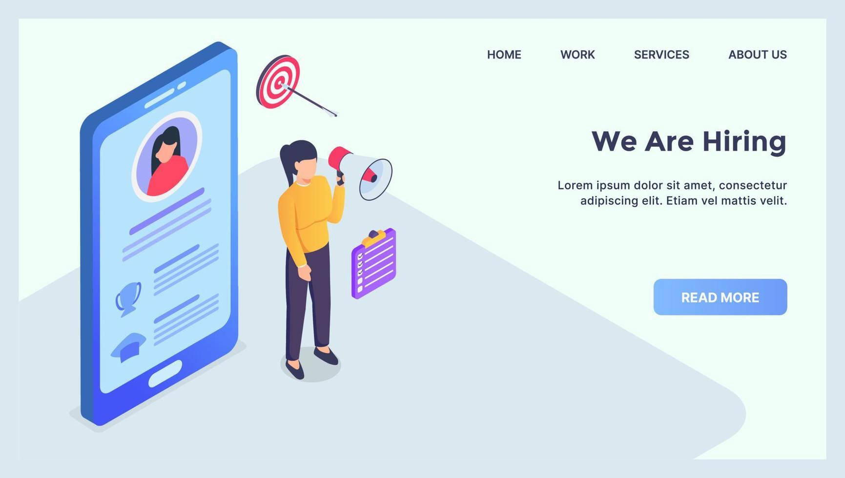 hiring people on mobile device concept for website template landing homepage with modern isometric flat vector