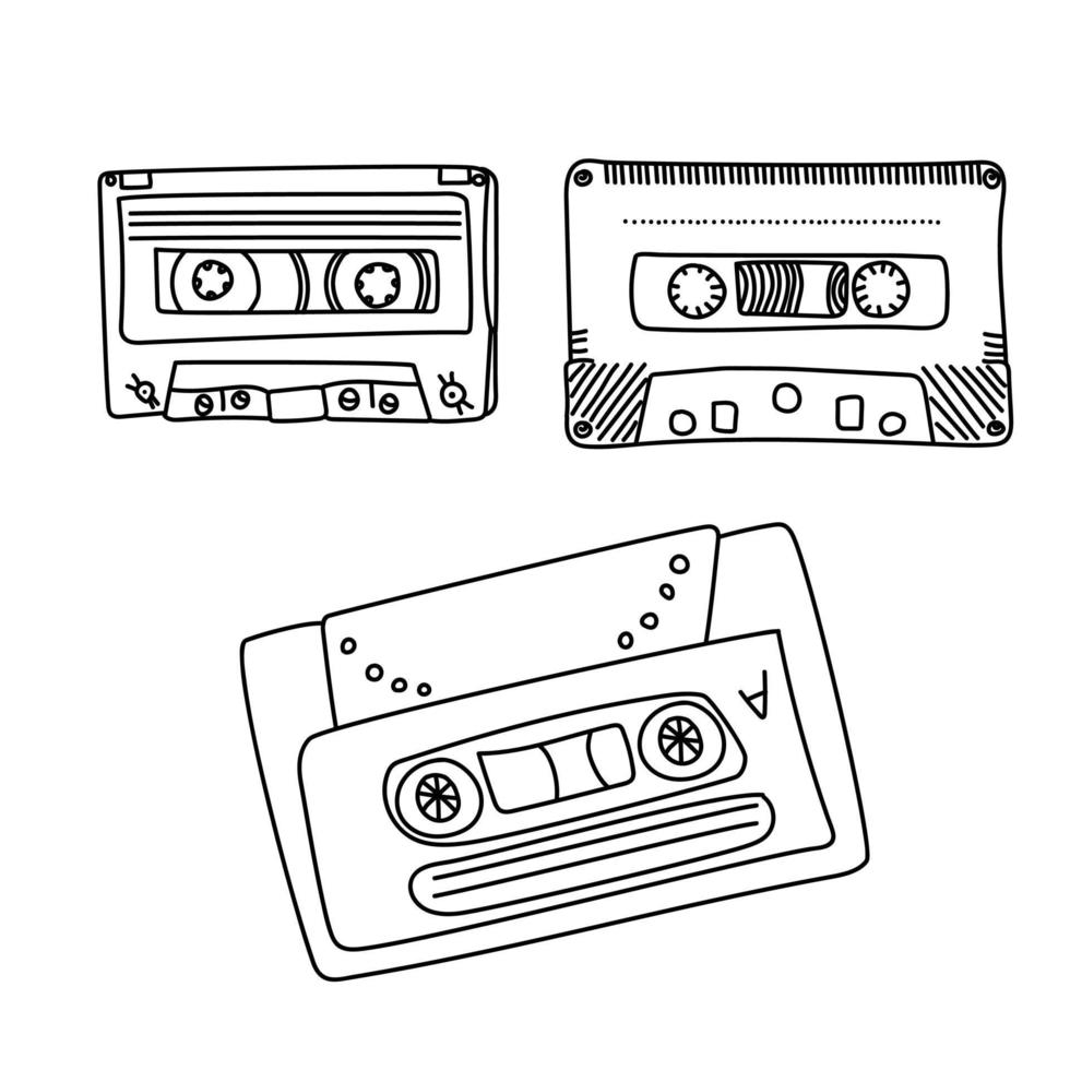 Set of cassette tape outline, elements for cassette recorder, hand draw illusration vector