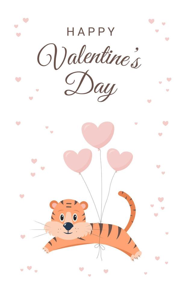 Happy Valentine's day greeting card with cute tiger, balloons, hearts and text. Vector cartoon illustration in flat style.