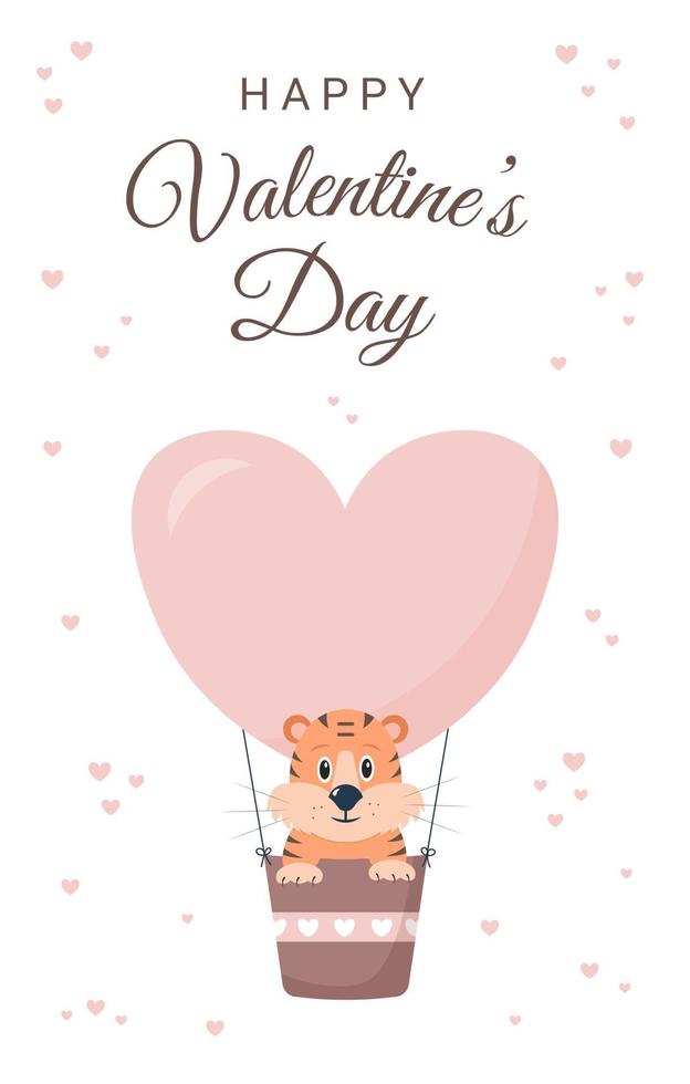 feliz tarjeta de felicitación del día de san valentín con lindo tigre, globo aerostático, corazones y texto. ilustración de dibujos animados de vector de estilo plano