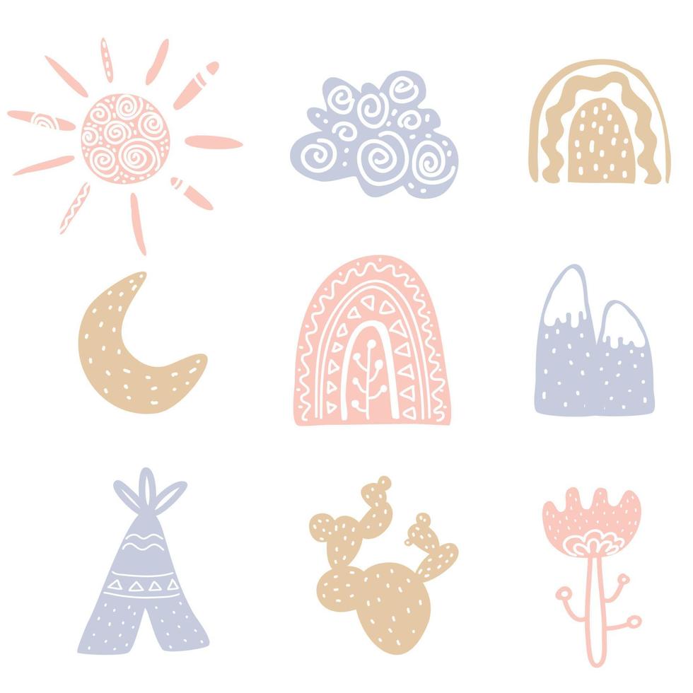 Set of rainbows, cloud, sun, moon, tent, cactus, flower, mountains, in childish scandinavian style. Perfect for kids, posters, prints, cards, fabric. vector