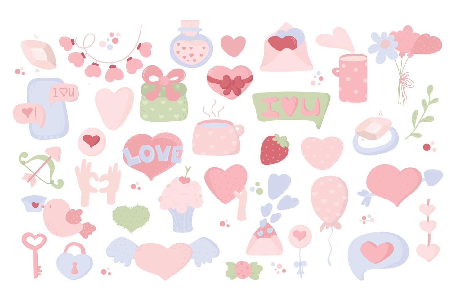 Valentine's Day set love. Love clipart. Many various romantic objects. hand drawn elements about love. Valentine's day collection of cute elements vector