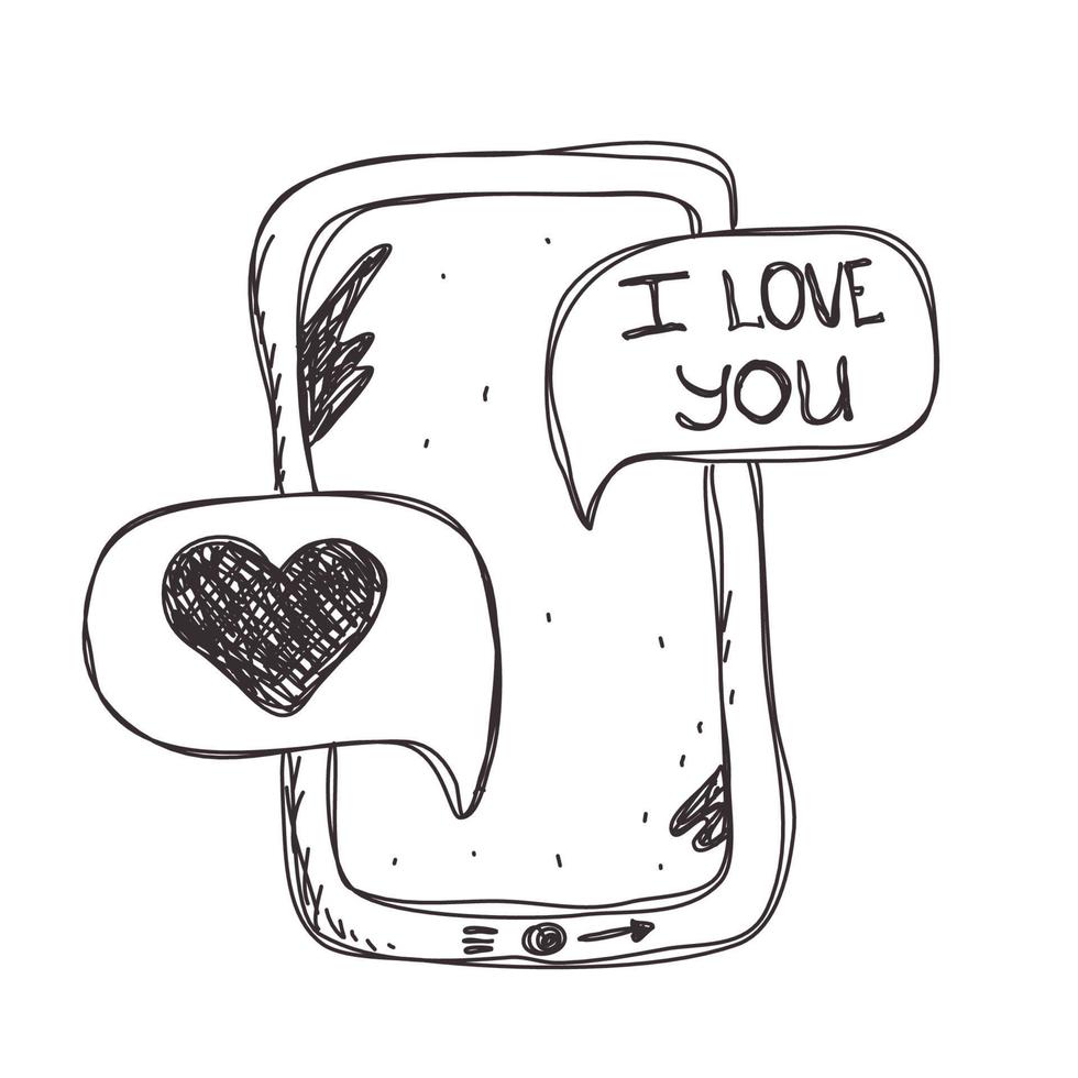 Color phone with love message. doodle smartphone with  SMS for Valentines day holiday, message with love vector illustration