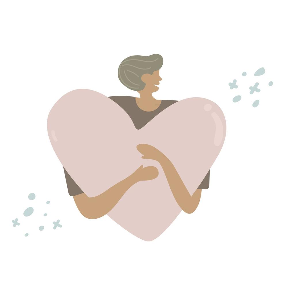 black man hugs a big heart with love and care. boy holds pink heart in hands. Self care and body positive concept. self love vector