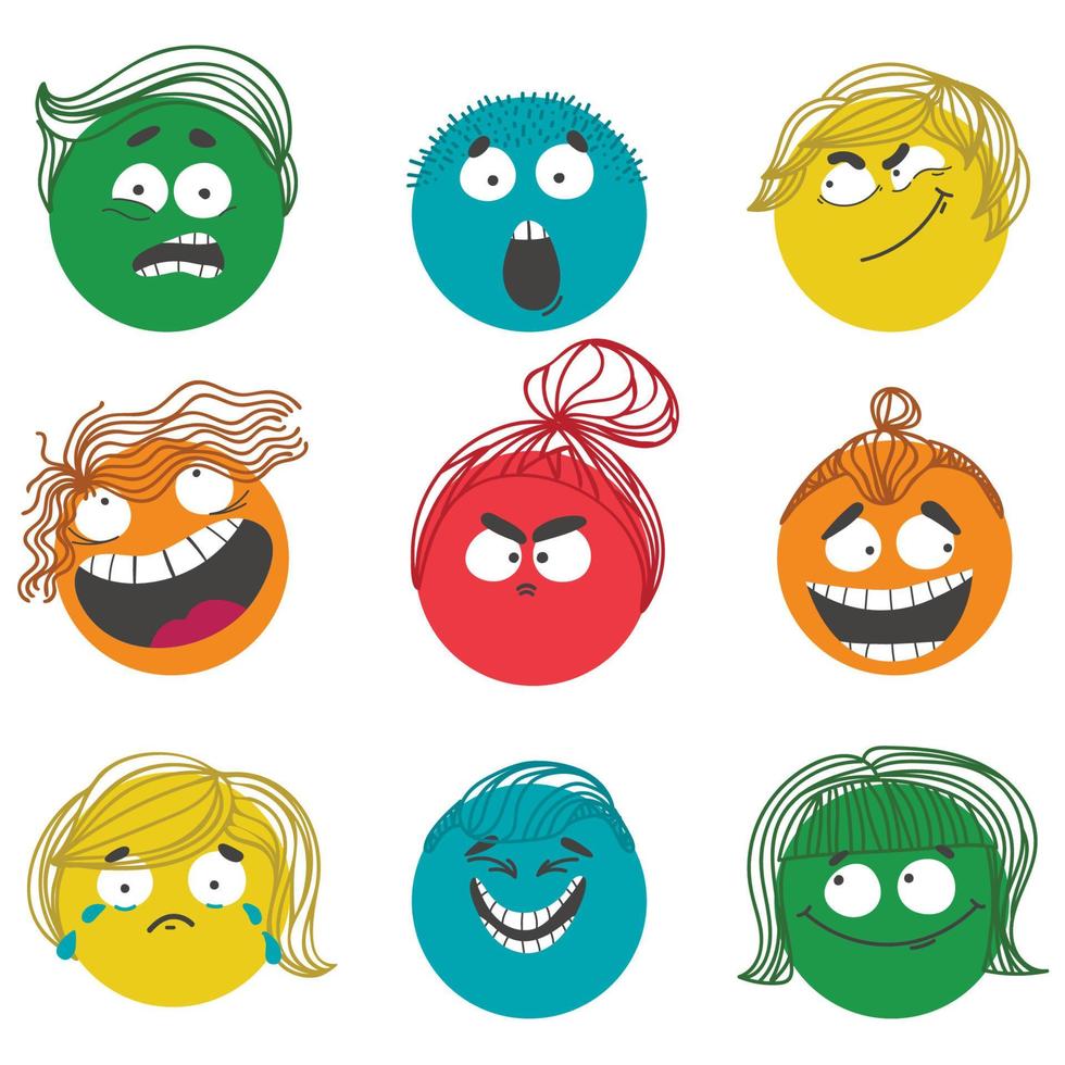 set of colorful characters with different hairs. Round comic Faces with various Emotions.  Cartoon style. Flat design. Hand drawn trendy Vector illustration.