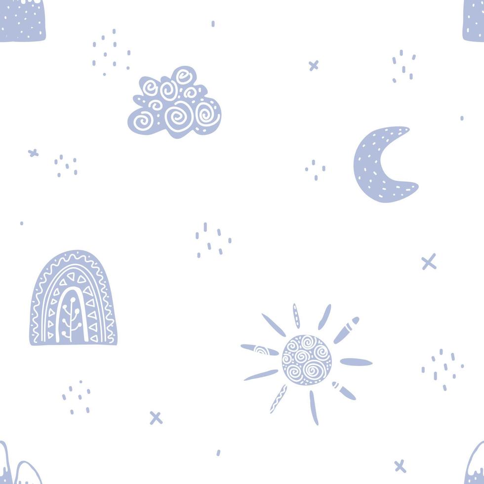 cute, simple childish seamless pattern with cloud, sun, rainbow, moon. Trendy baby texture vector