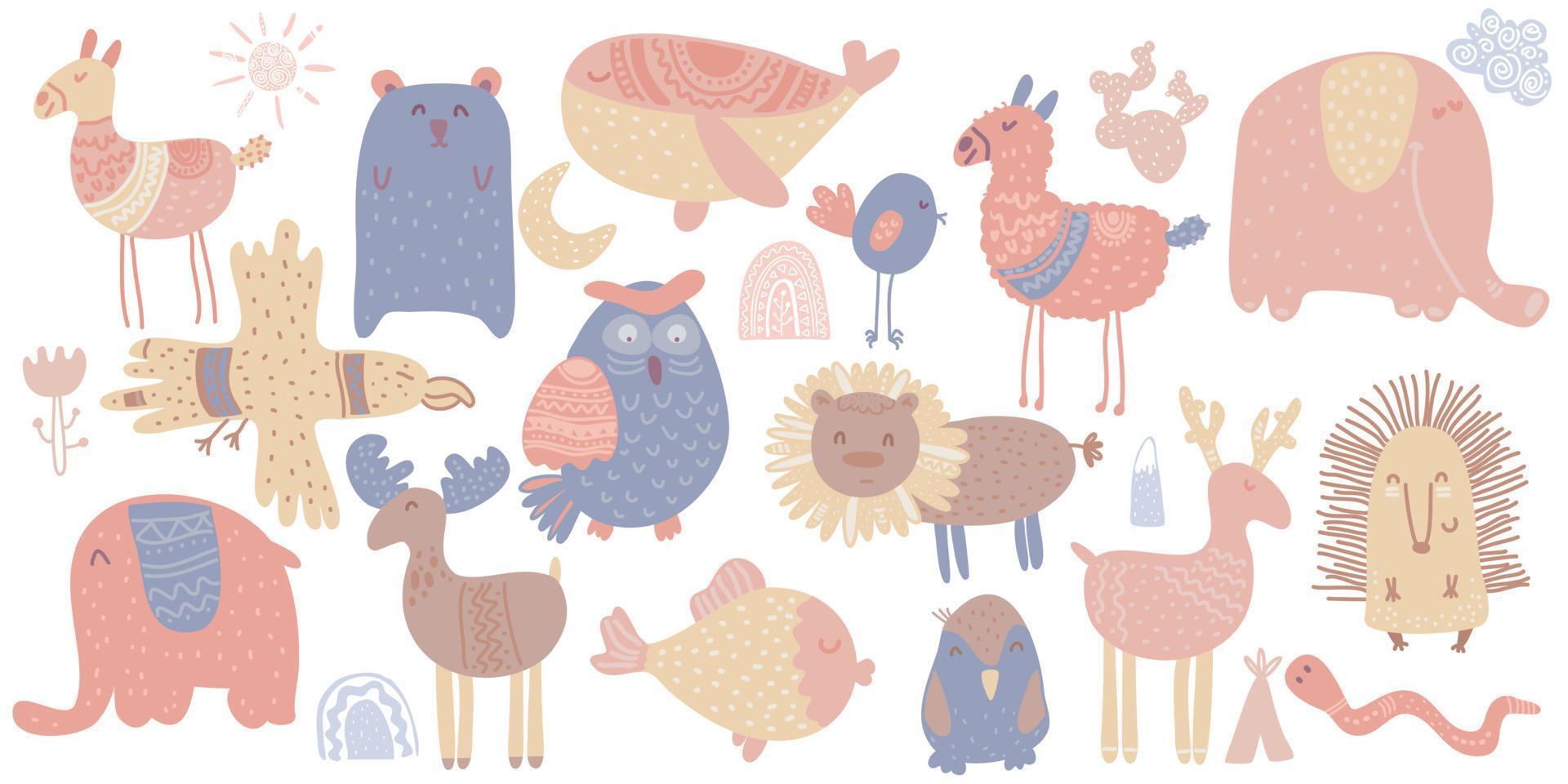 Cute scandinavian animals. Hand drawn. Doodle cartoon animals for nursery posters, cards, t-shirts. Vector illustration. Lama, whale, deer, elk, lion, owl, elephant, bird, eagle, fish