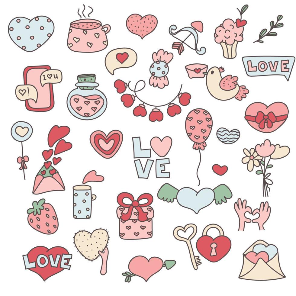 Valentine day set. Love holiday. Bundle of Valentines Day isolated objects in doodle style. vector