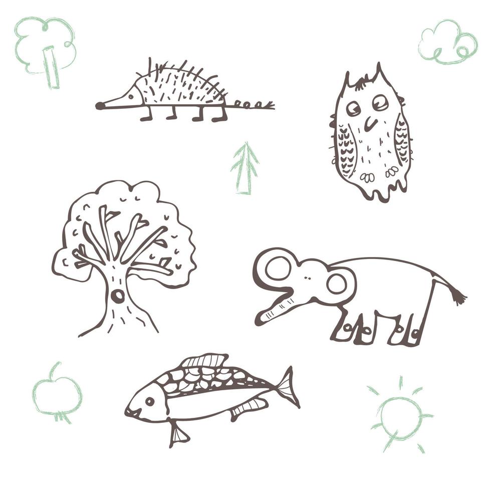 dibujo infantil animal, árbol, pez, elefante, búho, erizo. textura infantil creativa en estilo artesanal. vector