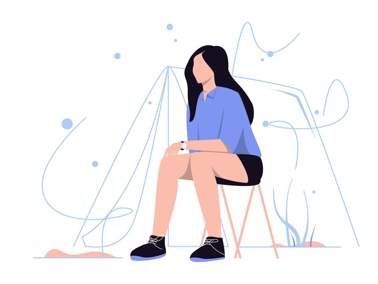 Woman sitting near the tent outside the room. Camping holidays. Vector illustration.