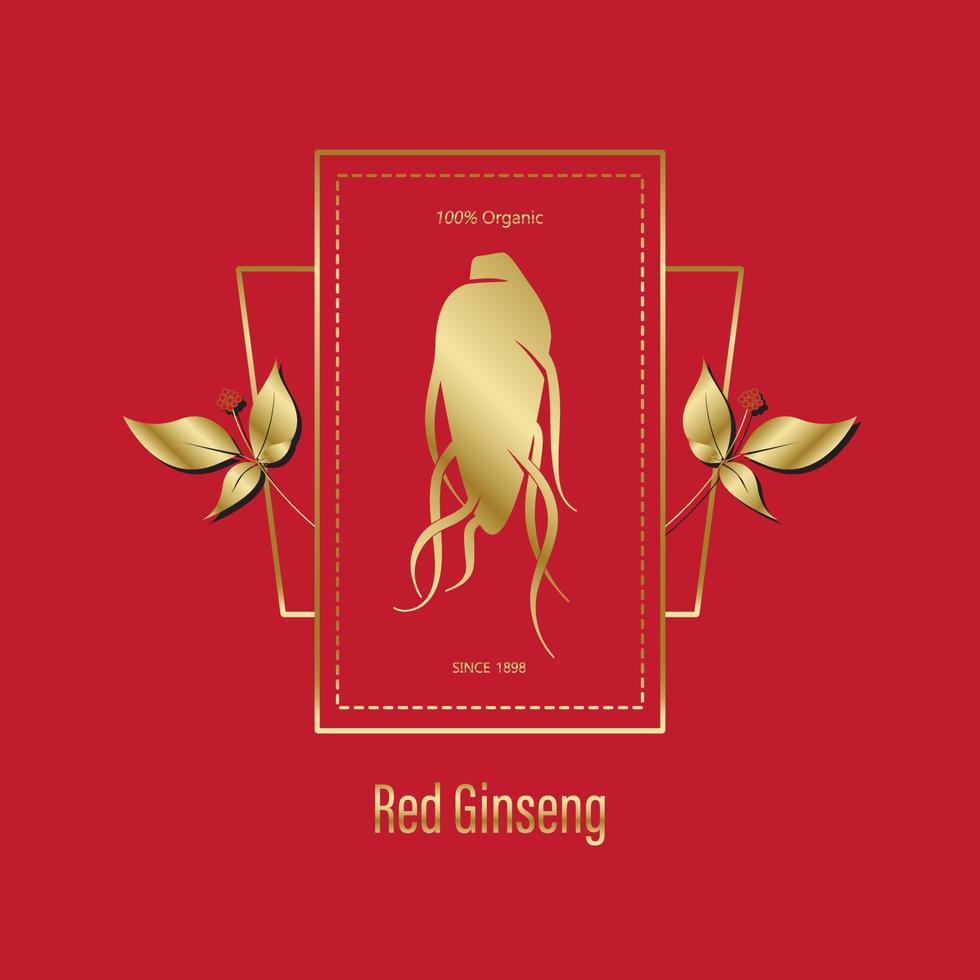 Korean or Chinese red ginseng root, Text label in Korean cultivated ginseng. Ginseng symbol for Korean cosmetics, Chinese medicine, food products, tea packages. Ginseng logo. Vector illustration