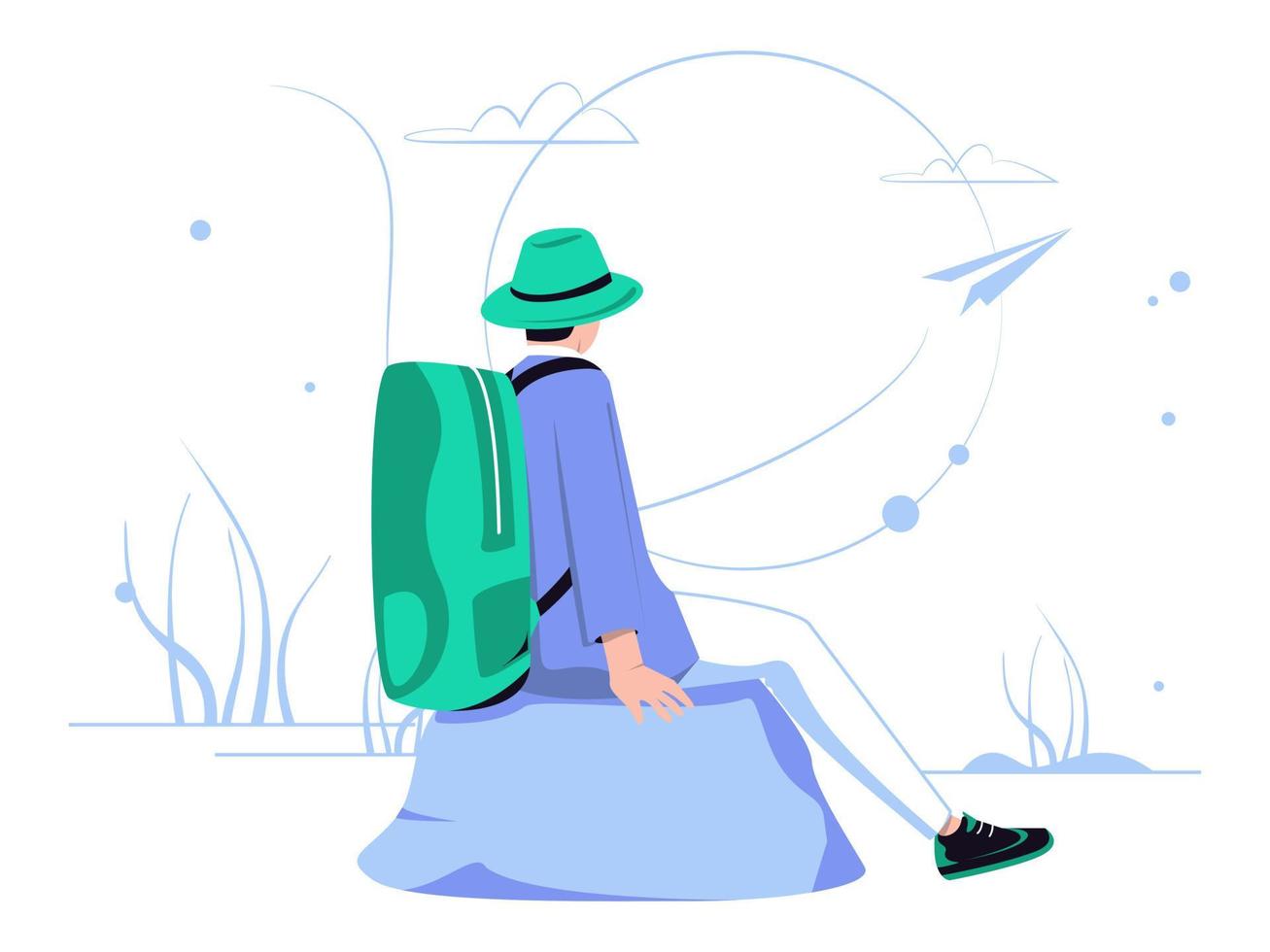 la gente está de vacaciones y aventura. sentarse y descansar en una roca. concepto de personaje aislado en estilo plano. ilustración vectorial vector