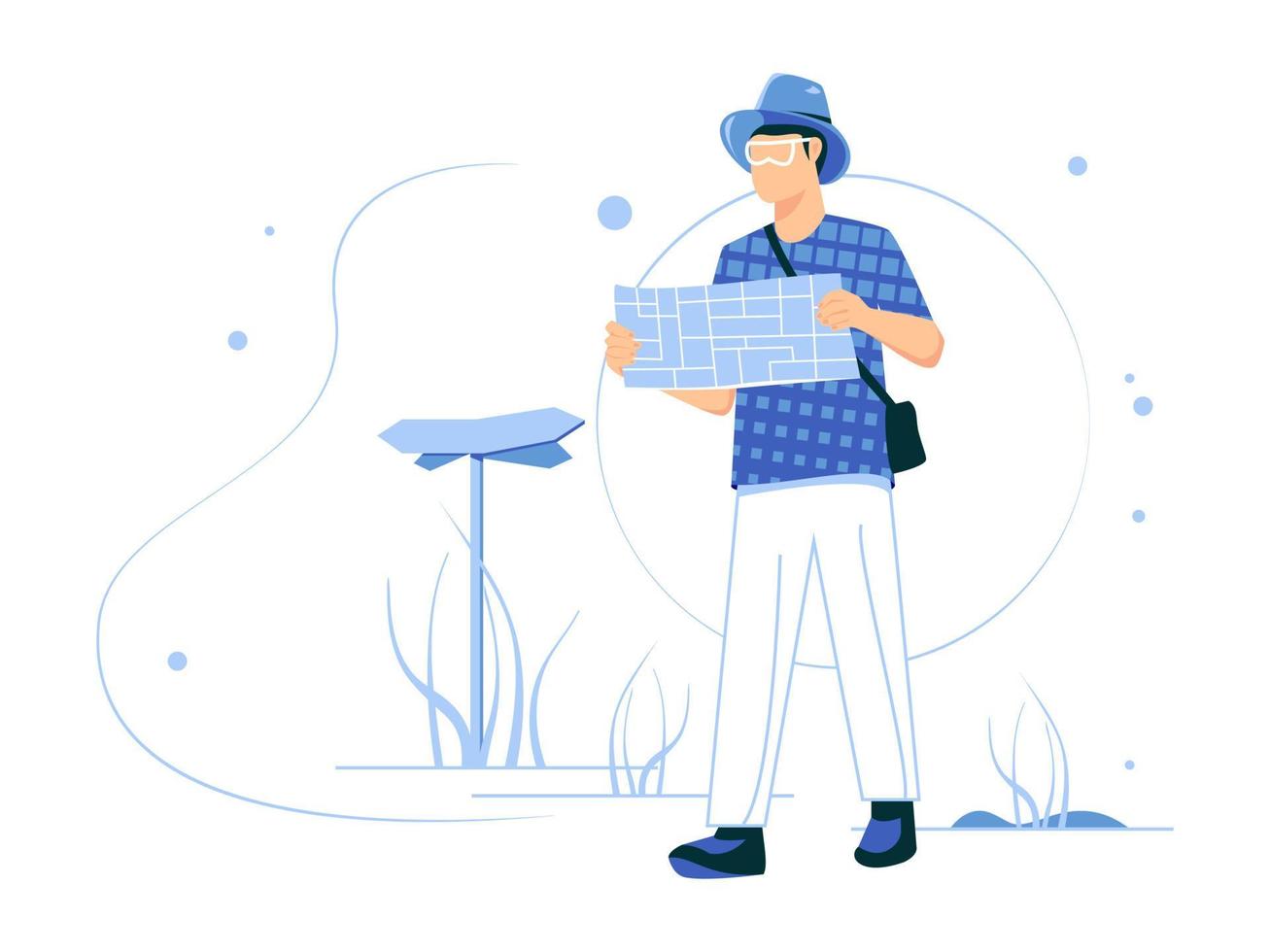 Man is on vacation and adventurous. read directions. Concept of male character isolated in flat style. Vector illustration.