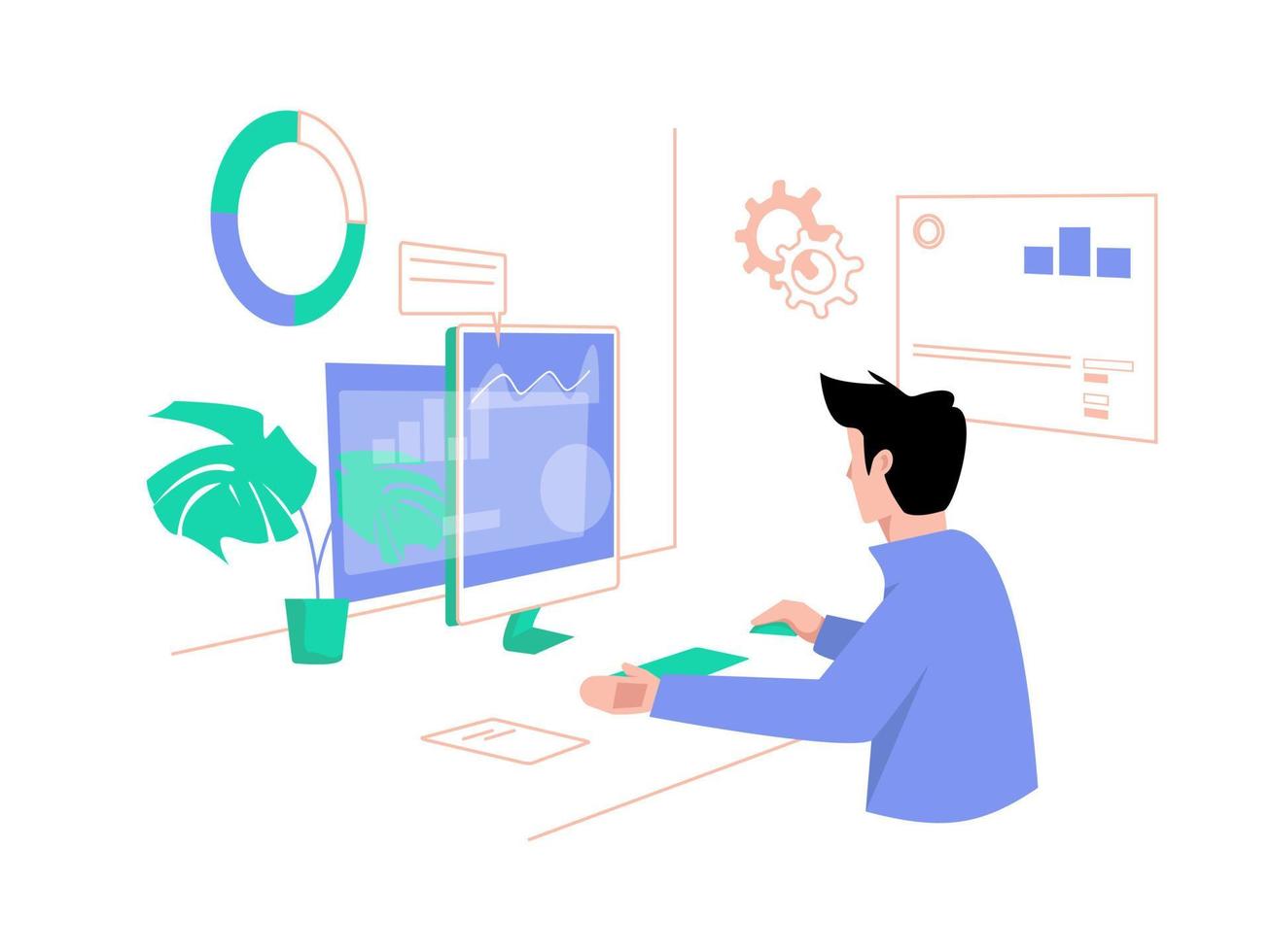 Concept illustration of male worker monitoring company analysis data. Using digital media. Flat vector illustration.