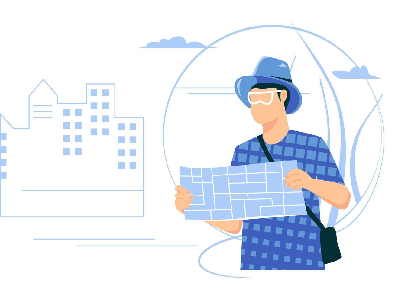 Man is on vacation. read directions. Concept of male character isolated in flat style. Vector illustration.