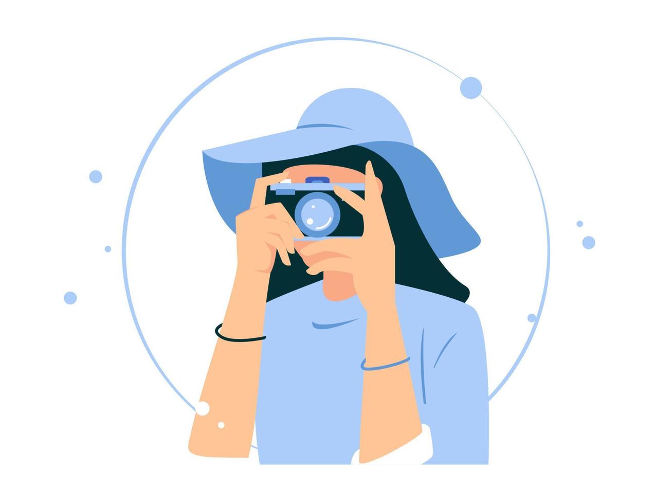 Enjoy your vacation and take pictures. Woman taking pictures while traveling. vector illustration.