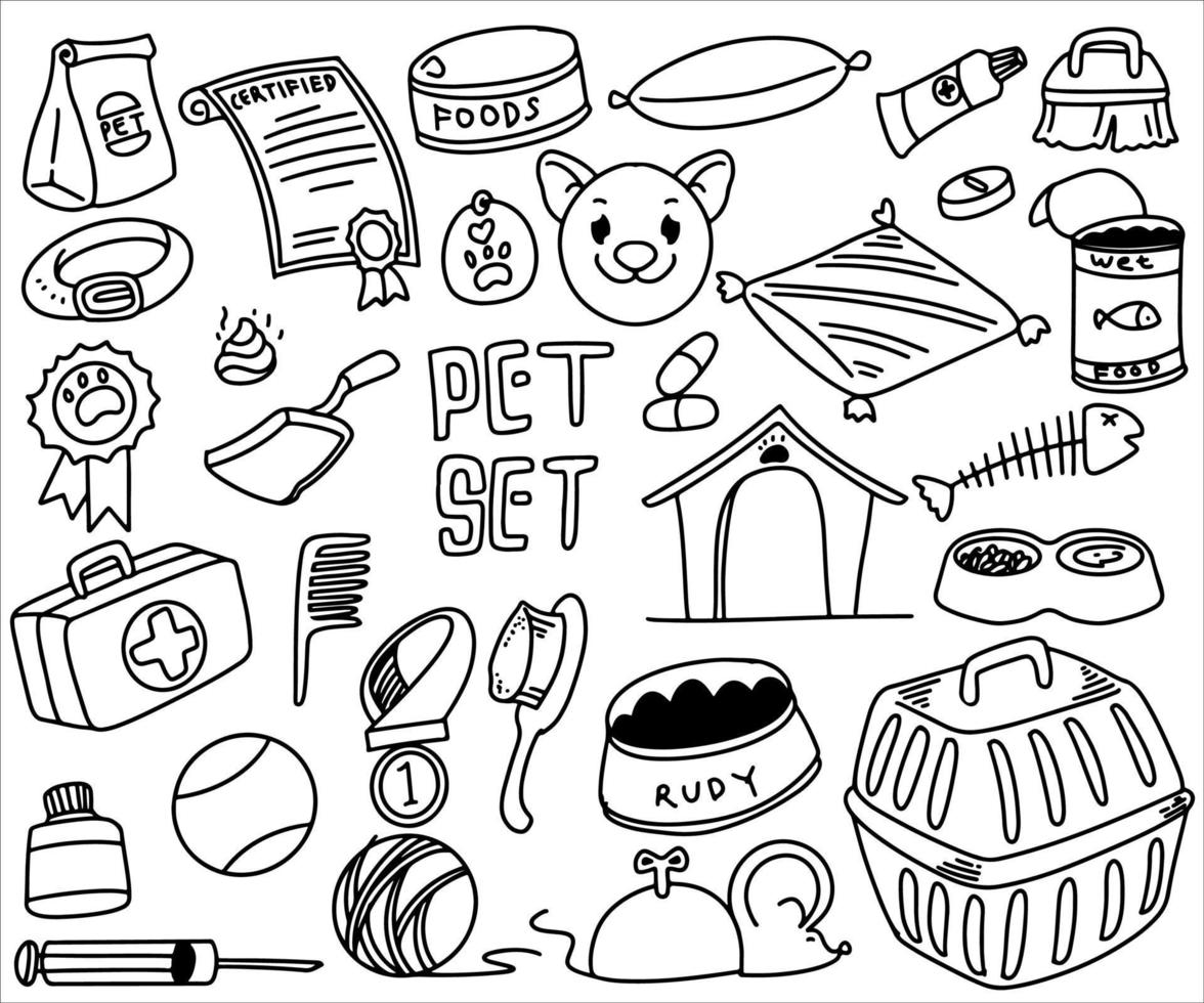 Set of doodle hand drawn pet equipment stuff collection. vector