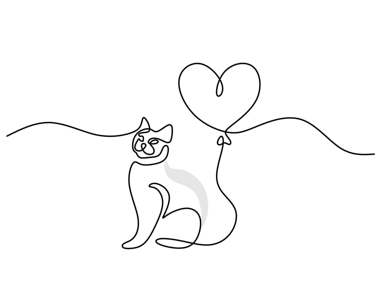 una sola línea continua de gato atado en globo de amor día de san valentín vector