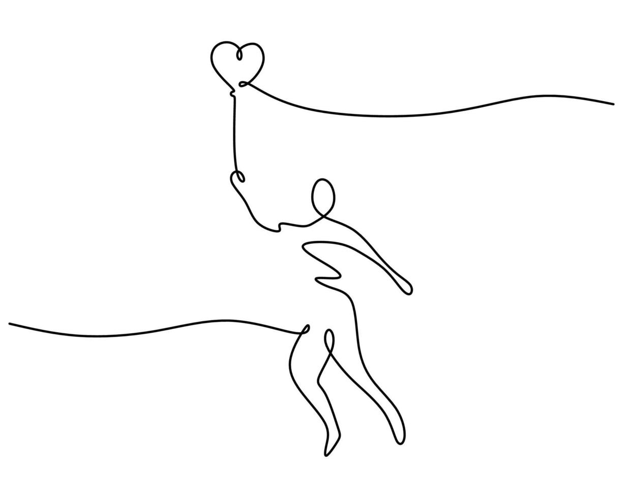 One continuous single line of girl jumping with heart balloon vector